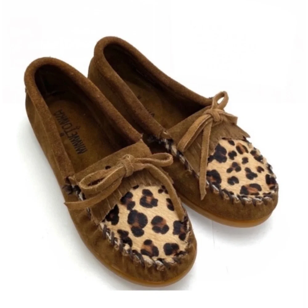 MINNETONKA Leopard Calfskin Kilty Moc Suede Moccasins Flat In Brown Size 1 Kids